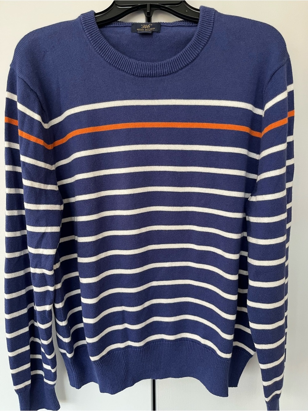Brooks Brothers Navy, White & Orange Striped Crewneck Sweater-Size L